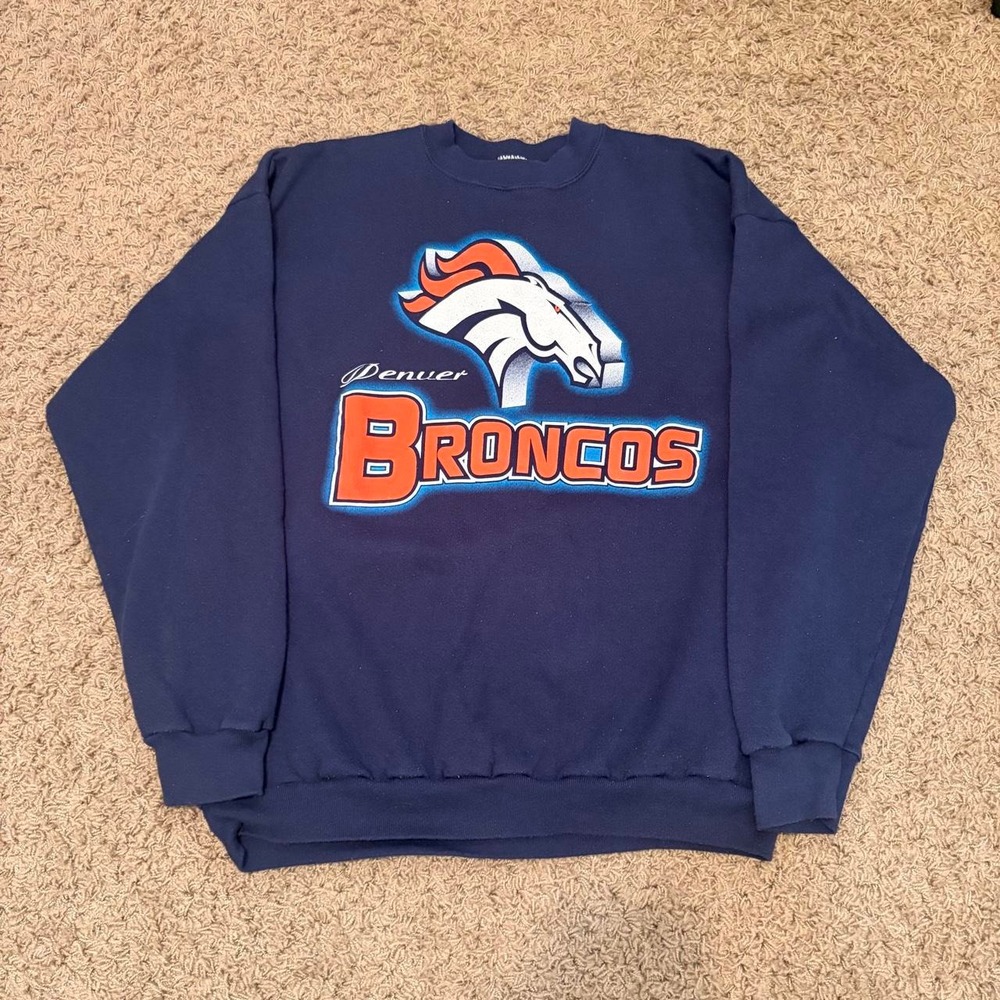 Vintage Tultex NFL Denver Broncos Sweatshirt Crewneck Navy Blue Mens XL Fits L